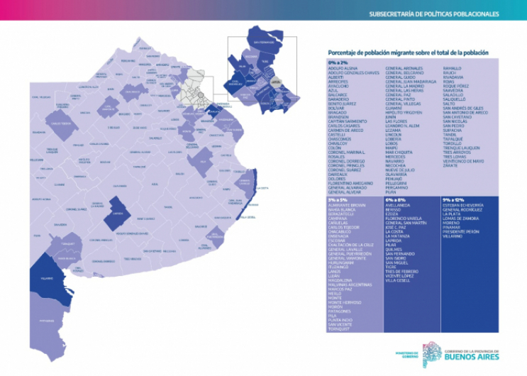 La Provincia publicó un mapa del porcentaje de población migrante por municipio